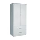 Closet Ντουλάπα Δίφυλλη, Ράφι, Θέσεις για Κρεμάστρες, 2 Συρτάρια, Απόχρωση Άσπρο