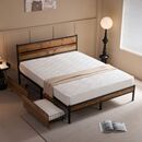 Pallet Κρεβάτι Διπλό-Συρτάρια, για Στρώμα 160x200cm, Μέταλλο Βαφή Μαύρο, Antique oak