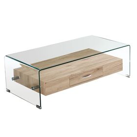 Glasser Wood Τραπεζάκι Σαλονιού Γυαλί 12mm - Ράφι με Συρτάρι Απόχρωση Δρυς