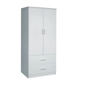 Closet Ντουλάπα Δίφυλλη, Ράφι, Θέσεις για Κρεμάστρες, 2 Συρτάρια, Απόχρωση Άσπρο