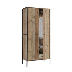 Pallet-w Ντουλάπα Δίφυλλη, 2 Ράφια, Κρεμάστρα, Μέταλλο Βαφή Μαύρο, Απόχρωση Antique oak