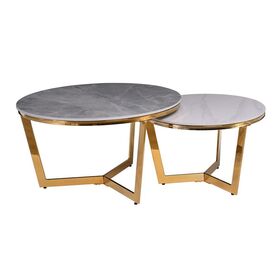 Otto set 2 Τραπεζάκια Σαλονιού , Χρώμιο Χρυσό, Sintered Stone Grey-White Marble