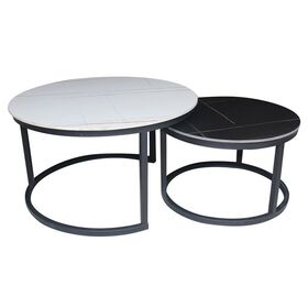 Terry Set2 Τραπεζάκια Σαλονιού , Μέταλλο Βαφή Μαύρο, Sintered Stone White-Black Marble