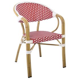 Paris Πολυθρόνα Bistro Αλουμίνιο Φυσικό, Wicker Άσπρο - Κόκκινο, Στοιβαζόμενη
