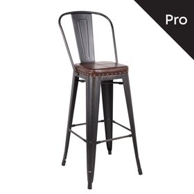 Relix Σκαμπό bar-pro με Πλάτη, Μέταλλο Βαφή Antique Black, pu Σκούρο Καφέ