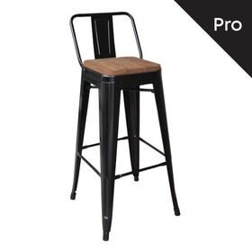 Relix Wood Σκαμπό bar-pro με Πλάτη, Μέταλλο Βαφή Μαύρο, Απόχρωση Ξύλου Dark oak