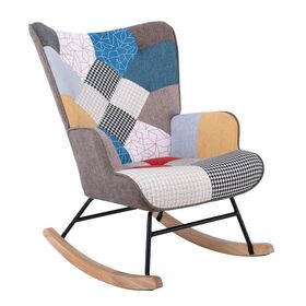 Alma Rocking Πολυθρόνα Μπερζέρα Καθιστικού, Ύφασμα Patchwork, Βάση Μαύρο-Φυσικό