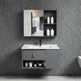 Idea-2 set Έπιπλο Κρεμαστό Μπάνιου Γκρι, Καθρέπτης + Πάγκος με Νιπτήρα και Μπαταρία