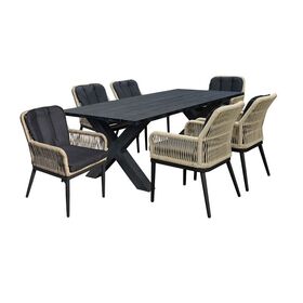 Alley set Τραπεζαρία alu Ανθρακί-Rope Φυσικό: Τραπέζι 180x94 + 6 Πολυθρόνες με Μαξιλ