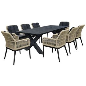 Alley set Τραπεζαρία alu Ανθρακί-Rope Φυσικό: Τραπέζι 220x94 + 8 Πολυθρόνες με Μαξιλ