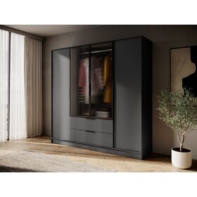 Ντουλάπα Kelly Flutes rm Ανθρακί με Ημιδιάφανο Τζάμι  206x200x51cm