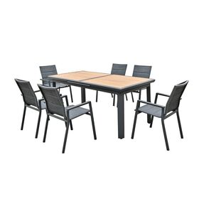 Napoli set Dining alu Κήπου: 6 Πολυθρόνες + Τραπέζι Επεκτ/νο Μαύρο-Καρυδί-Textilene Ανθρακί