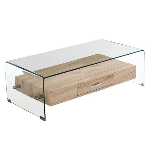 Glasser Wood Τραπεζάκι Σαλονιού Γυαλί 12mm - Ράφι με Συρτάρι Απόχρωση Δρυς