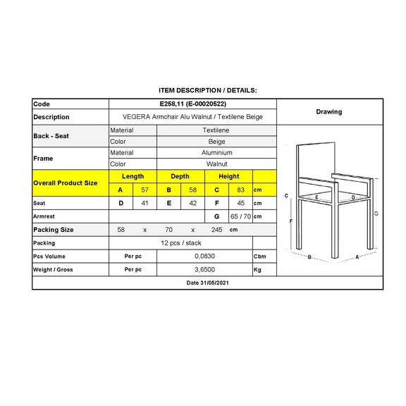 Vegera Πολυθρόνα Dining Αλουμίνιο Βαφή Καρυδί Textilene Μπεζ, Στοιβαζόμενη