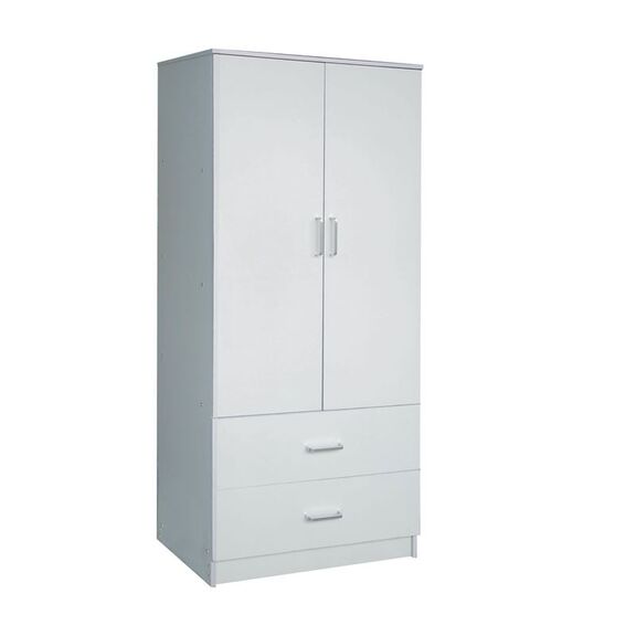 Closet Ντουλάπα Δίφυλλη, Ράφι, Θέσεις για Κρεμάστρες, 2 Συρτάρια, Απόχρωση Άσπρο