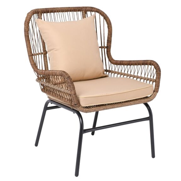 Salsa max Πολυθρόνα Μέταλλο Βαφή Μαύρο, Wicker Φυσικό, Μαξιλάρι Μπεζ