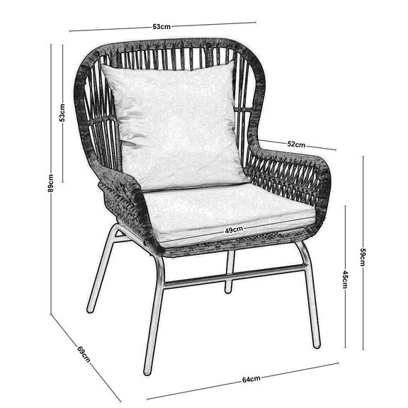 Salsa max Πολυθρόνα Μέταλλο Βαφή Μαύρο, Wicker Φυσικό, Μαξιλάρι Μπεζ