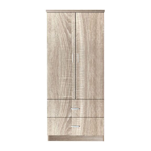 Closet Ντουλάπα Δίφυλλη, Ράφι, Θέσεις για Κρεμάστρες, 2 Συρτάρια, Απόχρωση Sonoma