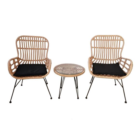 Salsa duo set Καθιστικό Κήπου Μέταλλο Μαύρο - Γυαλί - Wicker Φυσικό: Τραπεζάκι+2 Πολυθρόνες