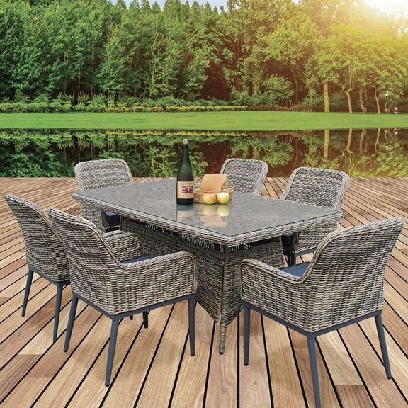 Havana set Τραπεζαρία Κήπου Alu,wicker Grey Brown-Ανθρακί: Τραπέζι 180x90 + 6 Πολυθρόνες