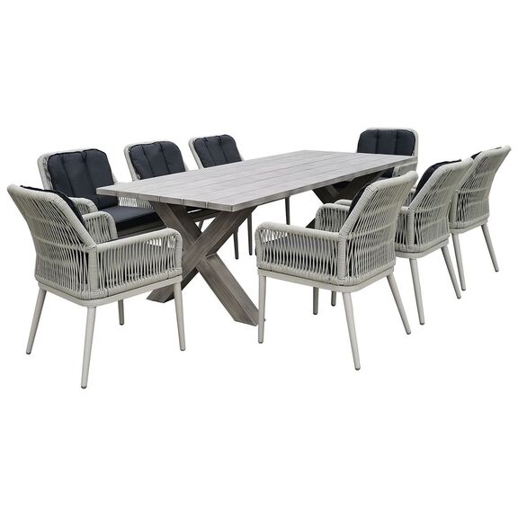 Alley set Τραπεζαρία Κήπου alu & Rope Grey-Μαξιλ.ανθρακί: Τραπέζι 220x94 + 8 Πολυθρόνες