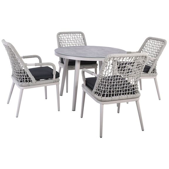 Central set Τραπεζαρία Κήπου alu & Rope Grey-Μαξιλ.ανθρακί: Τραπέζι Φ100cm + 4 Πολυθρόνες