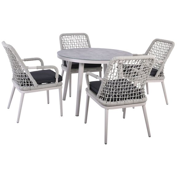 Central set Τραπεζαρία Κήπου alu & Rope Grey-Μαξιλ.ανθρακί: Τραπέζι Φ100cm + 4 Πολυθρόνες