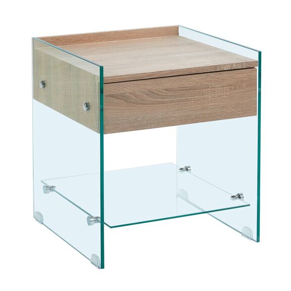 Glasser Wood Κομοδίνο Διάφανο Γυαλί 10mm - με Συρτάρι Απόχρωση Δρυς