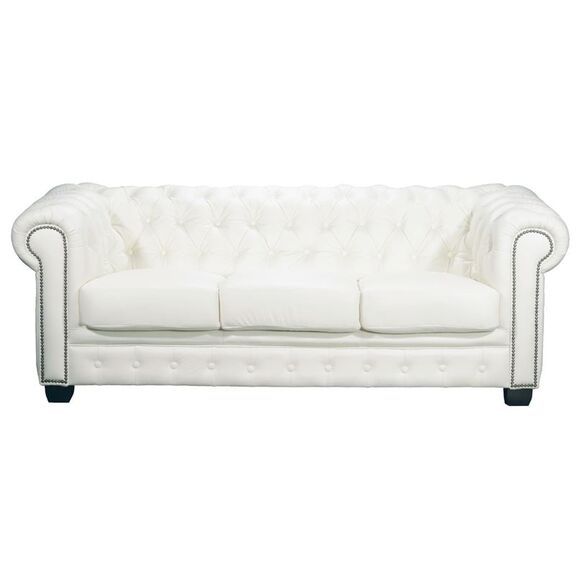 Chesterfield Birmingham Καναπές 3θέσιος Σαλονιού Καθιστικού, Δέρμα Άσπρο