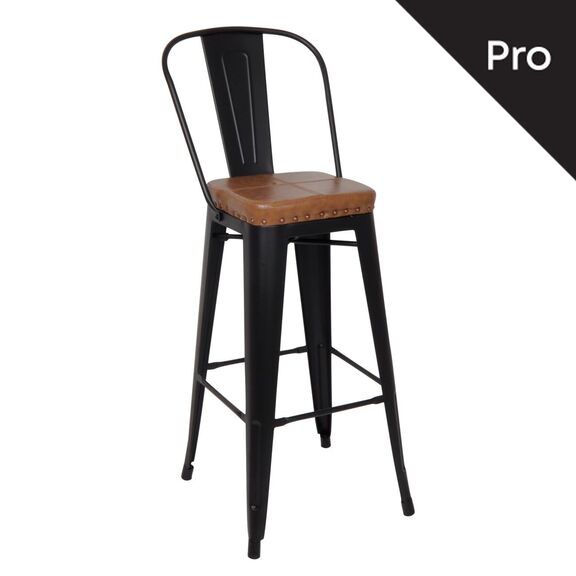 Relix Σκαμπό bar-pro με Πλάτη, Μέταλλο Βαφή Μαύρο Matte, pu Camel
