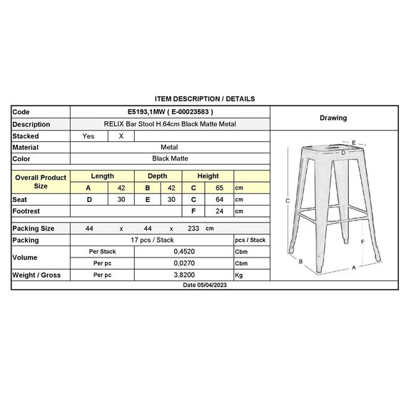 Relix Σκαμπό bar H.65cm, Στοιβαζόμενο, Μέταλλο Βαφή Μαύρο Extra Matte