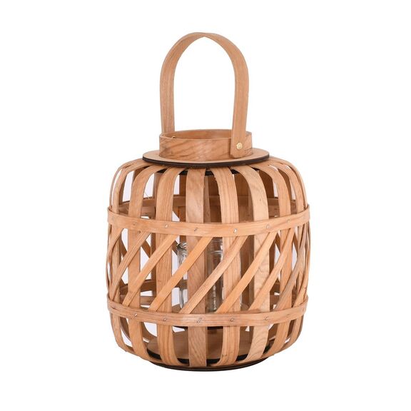 Lantern Round Φανάρι Κήπου- Βεράντας Ξύλινο, Απόχρωση Φυσικό, με Γυάλινο Ποτήρι