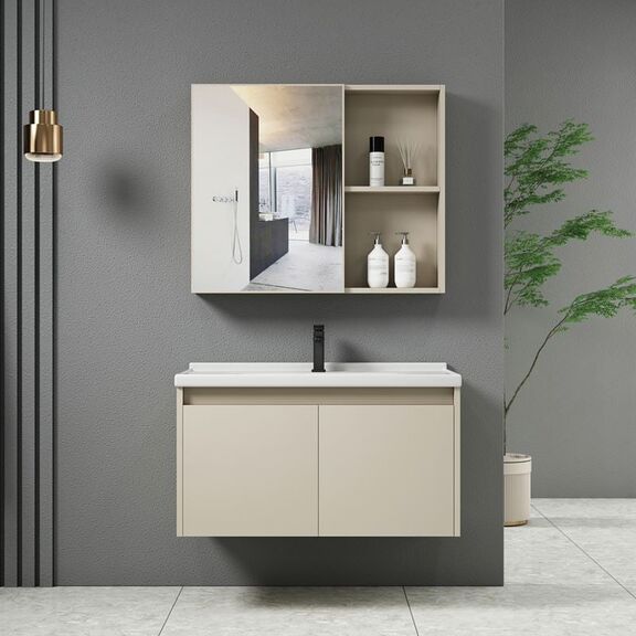 Idea-1 set Έπιπλο Κρεμαστό Μπάνιου Cream, Καθρέπτης + Πάγκος με Νιπτήρα και Μπαταρία