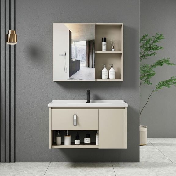 Idea-2 set Έπιπλο Κρεμαστό Μπάνιου Cream, Καθρέπτης + Πάγκος με Νιπτήρα και Μπαταρία