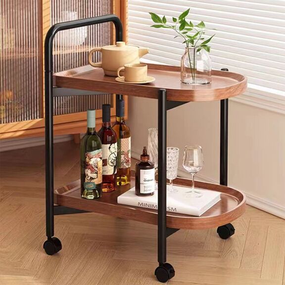 Trolley - Βοηθητικό Τραπεζάκι Μέταλλο Βαφή Μαύρο, mdf With pvc Απόχρωση Καρυδί