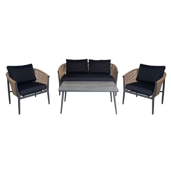 Gasba set Σαλόνι Κήπου 4τεμ, alu Ανθρακί, Rope Wicker Φυσικό, Μαξιλάρια Σκούρο Γκρι
