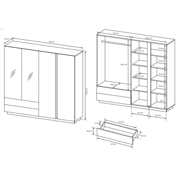 Ντουλάπα Arco Λευκό High Gloss 220x202x54cm με Καθρέπτη και Συρτάρια