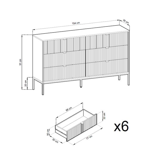 Συρταριέρα Nova Χρώμα Λευκό με 6 Συρτάρια 154x91x39cm