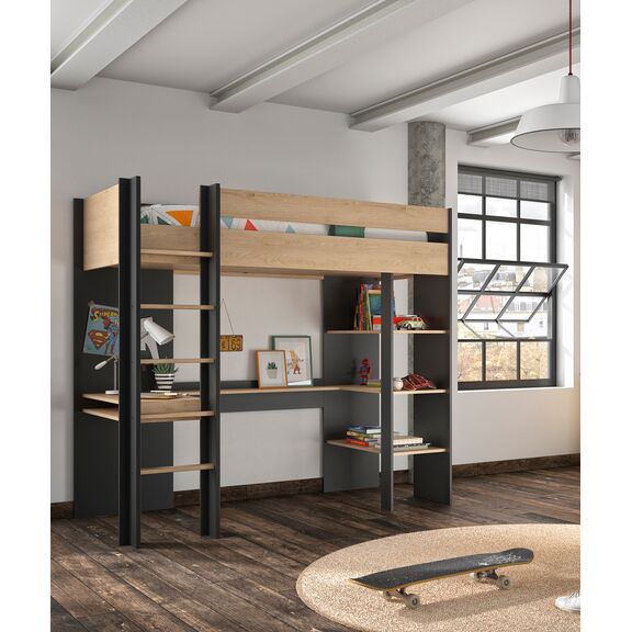 Duplex Mezzanine Κρεβάτι Μονό Ψηλό με Γραφείο & Βιβλιοθήκη 210x109x192εκ. Black/natural Chestnut