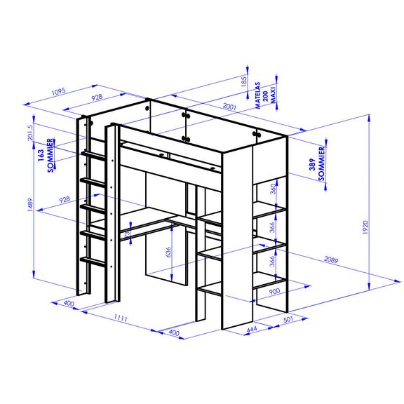 Duplex Mezzanine Κρεβάτι Μονό Ψηλό με Γραφείο & Βιβλιοθήκη 210x109x192εκ. Black/natural Chestnut