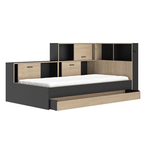Erwan Κρεβάτι Μονό 120x221εκ. ( για Στρώμα 90x200εκ. ) Black/natural Chestnut με Αποθηκευτικό Συρτάρι