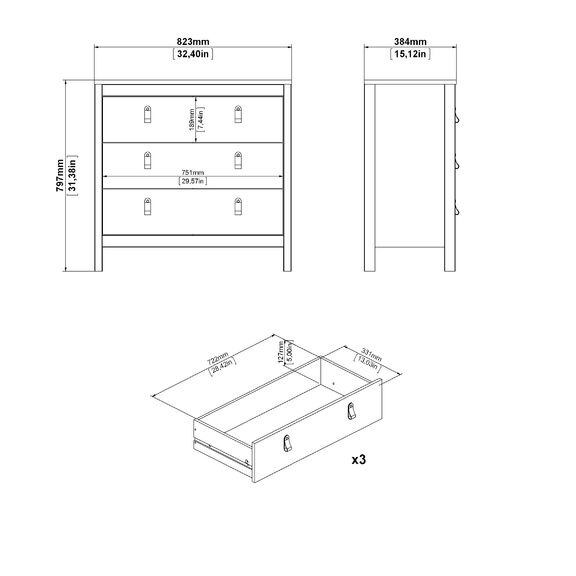 Madrid Συρταριέρα με 3 Συρτάρια 82,3x38,4x79,7εκ. Jackson Hickory