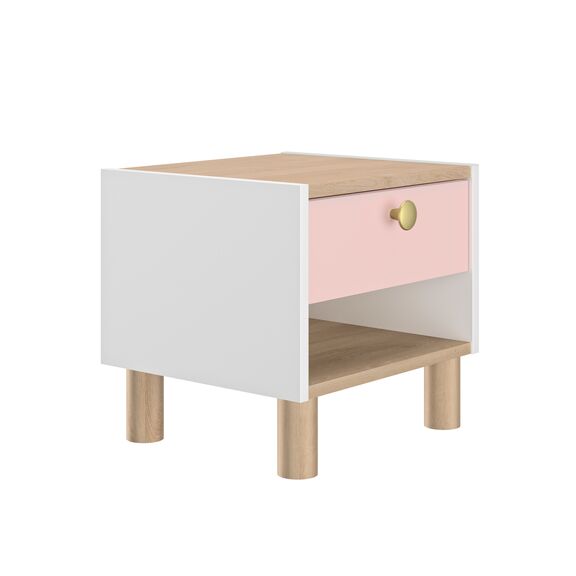 Romy Κομοδίνο με ένα Συρτάρι 39x35x37εκ. Λευκο / ροζ / Blond oak