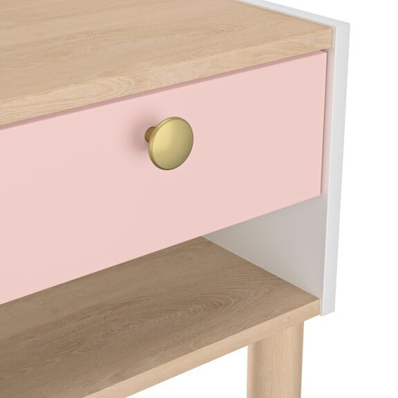 Romy Κομοδίνο με ένα Συρτάρι 39x35x37εκ. Λευκο / ροζ / Blond oak