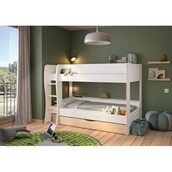 Roomy Κουκέτα Παιδική με 2 Μονά Κρεβάτια, Αποθηκευτικό Συρτάρι & Σκάλα , 209x130x145εκ. Λευκό / Light oak