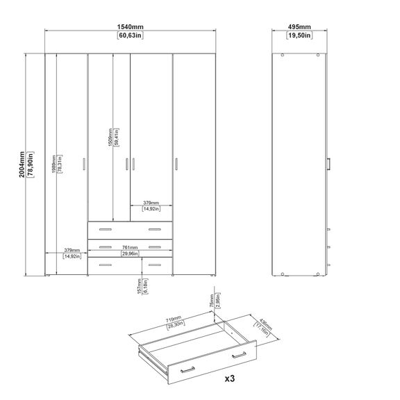 Space Ντουλάπα με 4 Πόρτες και 3 Συρτάρια 154x49,5x200,4εκ.  Λευκό