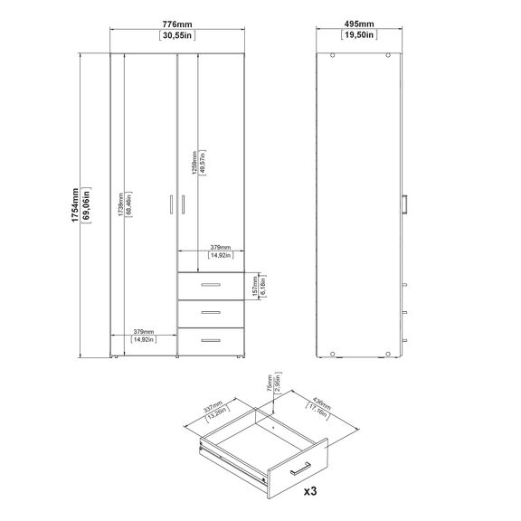 Space Ντουλάπα με 2 Πόρτες και 3 Συρτάρια 77,6x49,5x175,4εκ. Λευκό