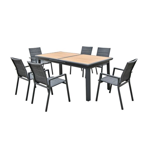 Napoli set Dining alu Κήπου: 6 Πολυθρόνες + Τραπέζι Επεκτ/νο Μαύρο-Καρυδί-Textilene Ανθρακί
