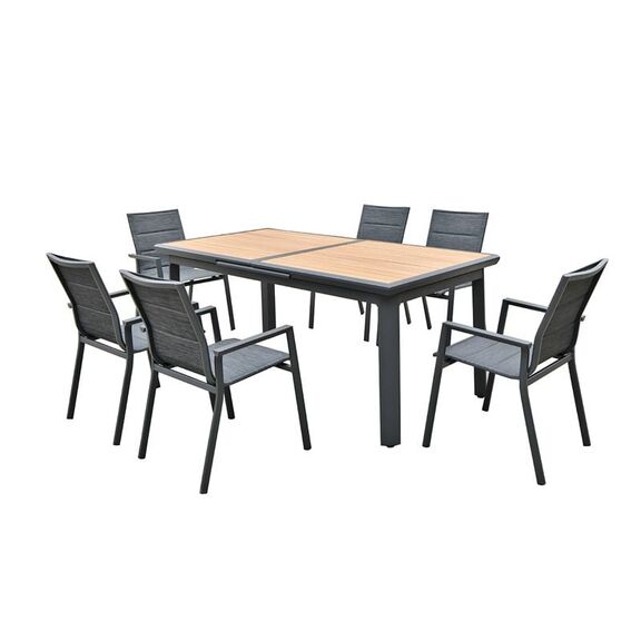 Napoli set Dining alu Κήπου: 6 Πολυθρόνες + Τραπέζι Επεκτ/νο Μαύρο-Καρυδί-Textilene Ανθρακί